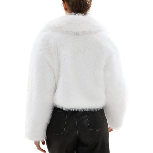Women's Faux Fur Crop Lapel Jackets Open Front Long Sleeves Coat Pockets White - Picture 3 of 5